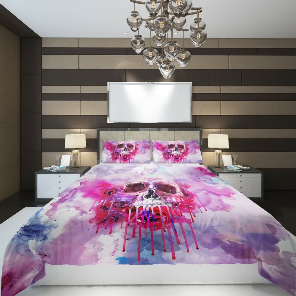 Y2K Grunge Pink Melting Skull Duvet Cover Set - Retro 90s Goth Pastel Goth Summer Bedding