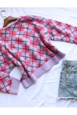 Y2K Grunge Pixie Argyle Cardigan - Retro 90s Summer Outfit, Pastel Goth, Y2K Fashion