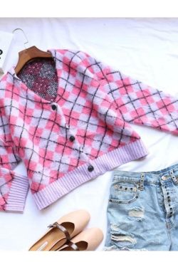 Y2K Grunge Pixie Argyle Cardigan - Retro 90s Summer Outfit, Pastel Goth, Y2K Fashion