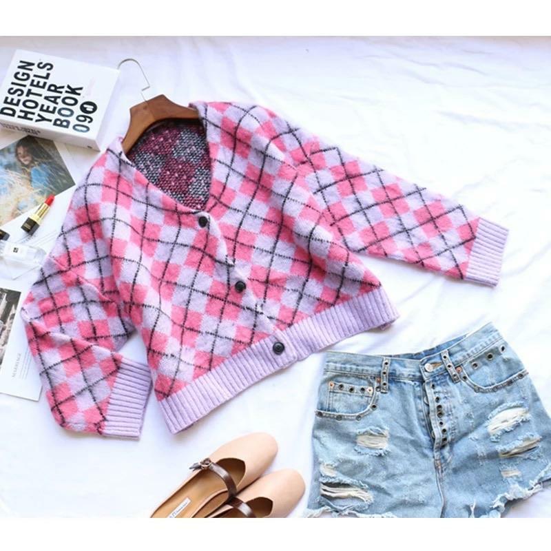 Y2K Grunge Pixie Argyle Cardigan - Retro 90s Summer Outfit, Pastel Goth, Y2K Fashion