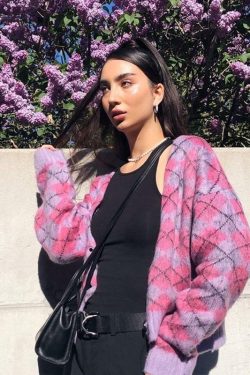 Y2K Grunge Pixie Argyle Cardigan - Retro 90s Summer Outfit, Pastel Goth, Y2K Fashion