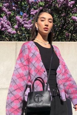 Y2K Grunge Pixie Argyle Cardigan - Retro 90s Summer Outfit, Pastel Goth, Y2K Fashion