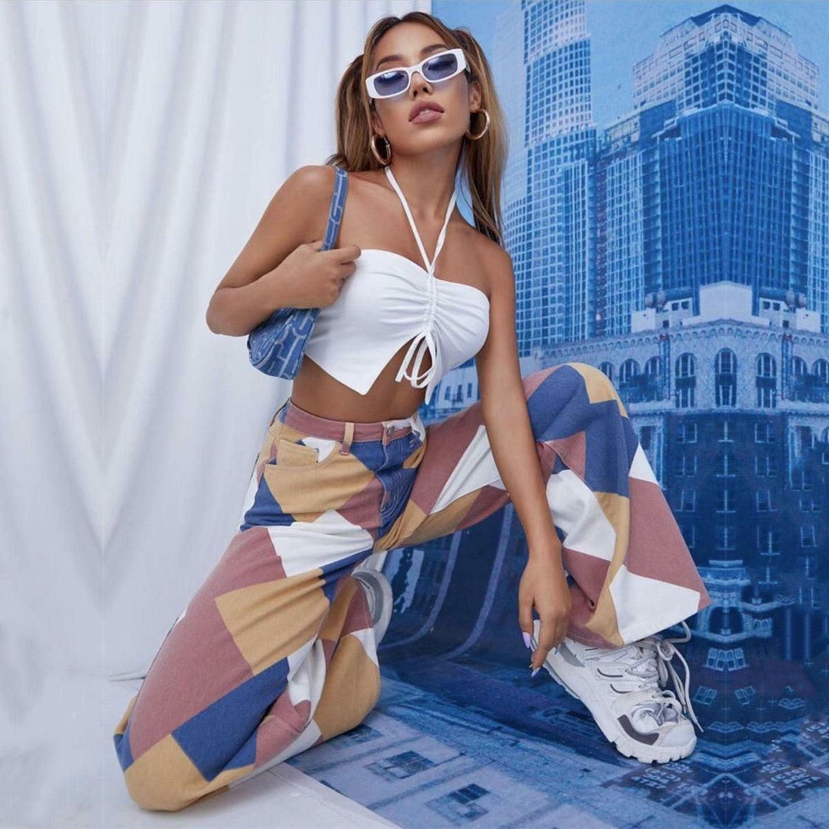 Y2K Grunge Plaid Jeans - Retro 90s Summer Outfit, Gothic Y2K Fashion, Hip Hop Style