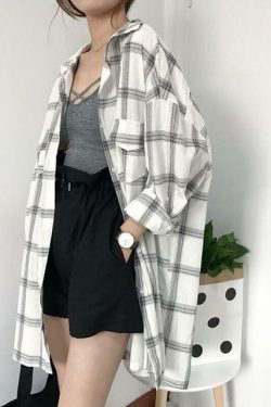 Y2K Grunge Plaid Long Sleeve Shirt - Retro 90s Fashion, Summer Y2K Outfits, Gothic Y2K Style
