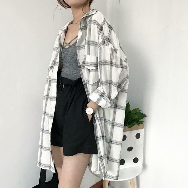 Y2K Grunge Plaid Long Sleeve Shirt - Retro 90s Fashion, Summer Y2K Outfits, Gothic Y2K Style