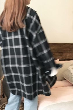Y2K Grunge Plaid Long Sleeve Shirt - Retro 90s Fashion, Summer Y2K Outfits, Gothic Y2K Style