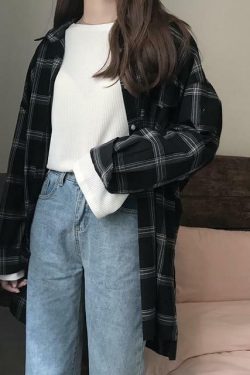 Y2K Grunge Plaid Long Sleeve Shirt - Retro 90s Fashion, Summer Y2K Outfits, Gothic Y2K Style