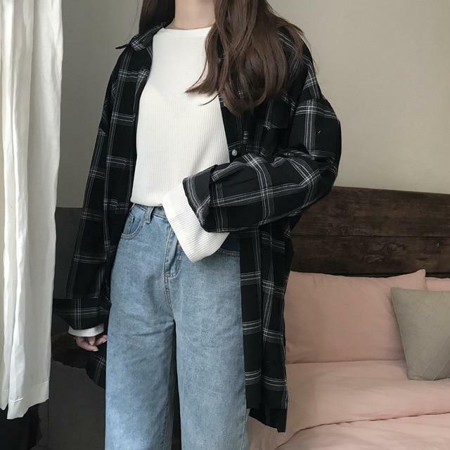 Y2K Grunge Plaid Long Sleeve Shirt - Retro 90s Fashion, Summer Y2K Outfits, Gothic Y2K Style