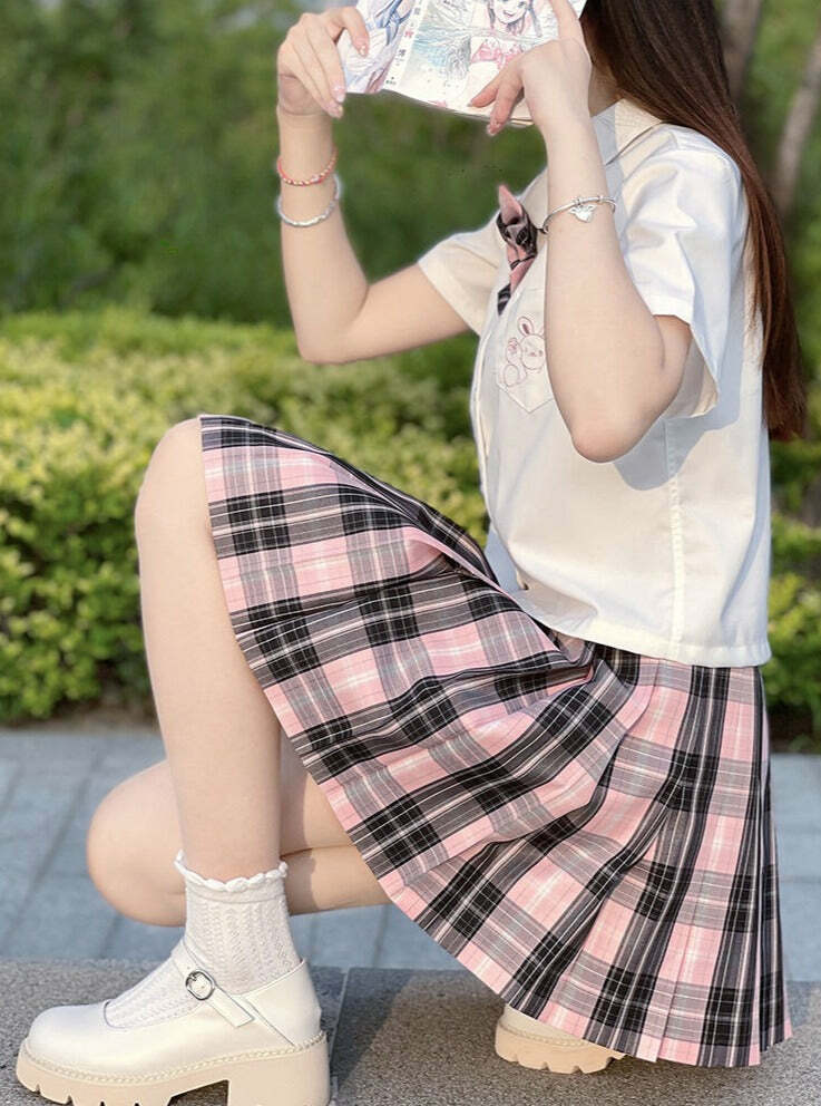 Y2K Grunge Plaid Skirt - Black Pink Preppy Style, 90s Retro Fashion, Summer Y2K Outfits