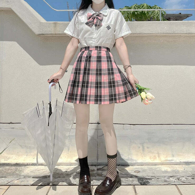 Y2K Grunge Plaid Skirt - Black Pink Preppy Style, 90s Retro Fashion, Summer Y2K Outfits