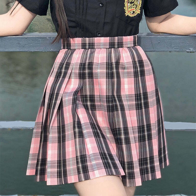 Y2K Grunge Plaid Skirt - Black Pink Preppy Style, 90s Retro Fashion, Summer Y2K Outfits