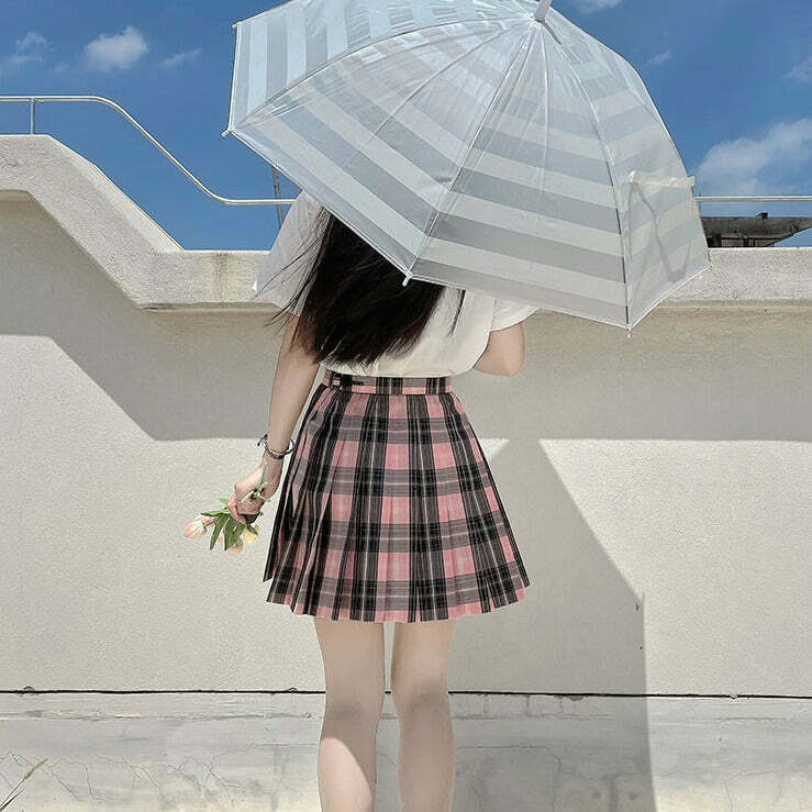 Y2K Grunge Plaid Skirt - Black Pink Preppy Style, 90s Retro Fashion, Summer Y2K Outfits