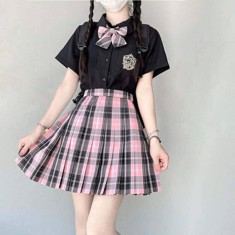 Y2K Grunge Plaid Skirt - Black Pink Preppy Style, 90s Retro Fashion, Summer Y2K Outfits