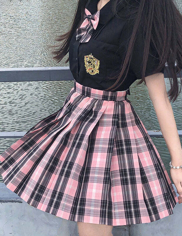 Y2K Grunge Plaid Skirt - Black Pink Preppy Style, 90s Retro Fashion, Summer Y2K Outfits