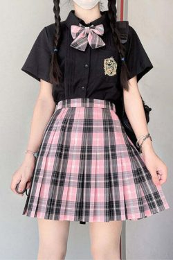Y2K Grunge Plaid Skirt - Black Pink Preppy Style, 90s Retro Fashion, Summer Y2K Outfits