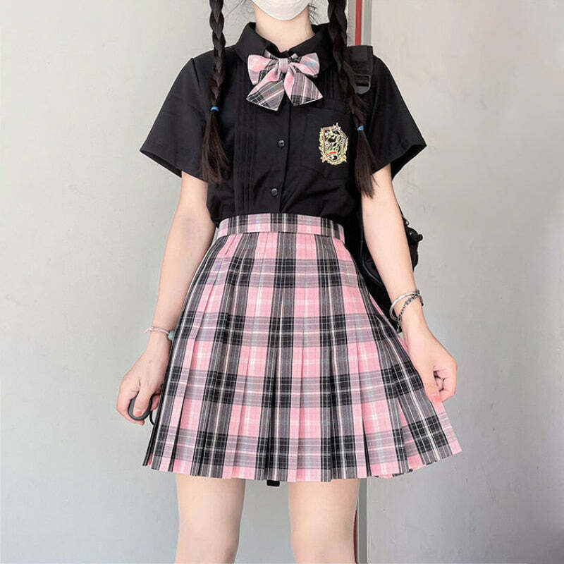 Y2K Grunge Plaid Skirt - Black Pink Preppy Style, 90s Retro Fashion, Summer Y2K Outfits