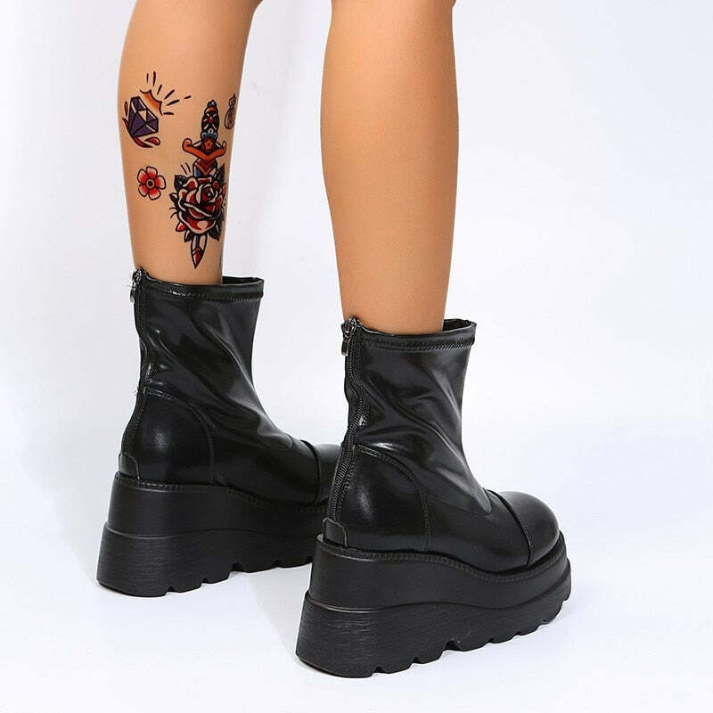 Y2K Grunge Platform Ankle Boots Black - Retro 90s Fashion, Gothic Y2K, Summer Y2K Outfits