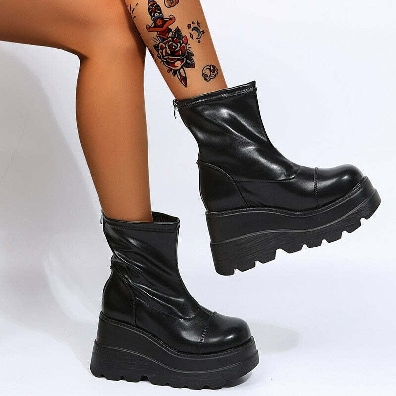 Y2K Grunge Platform Ankle Boots Black - Retro 90s Fashion, Gothic Y2K, Summer Y2K Outfits
