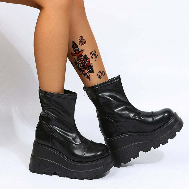 Y2K Grunge Platform Ankle Boots Black - Retro 90s Fashion, Gothic Y2K, Summer Y2K Outfits