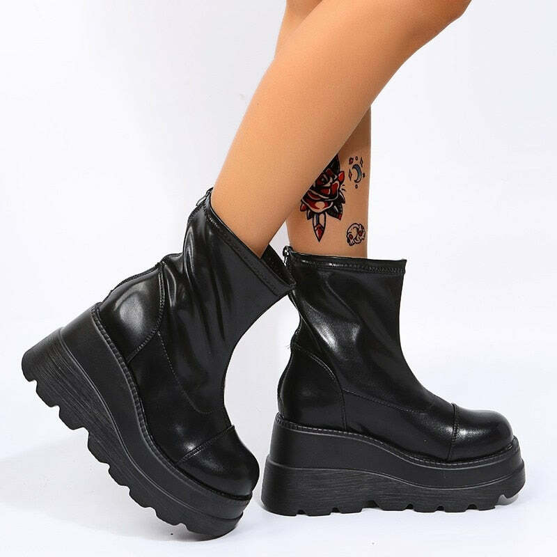 Y2K Grunge Platform Ankle Boots Black - Retro 90s Fashion, Gothic Y2K, Summer Y2K Outfits