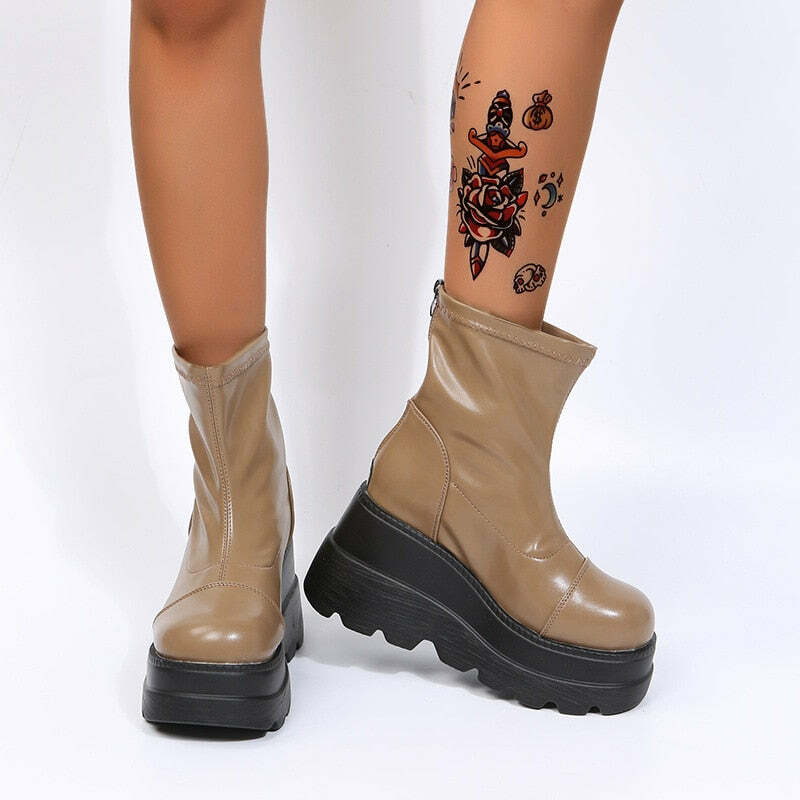 Y2K Grunge Platform Ankle Boots Light Brown - Retro 90s Fashion, Summer & Party Outfits