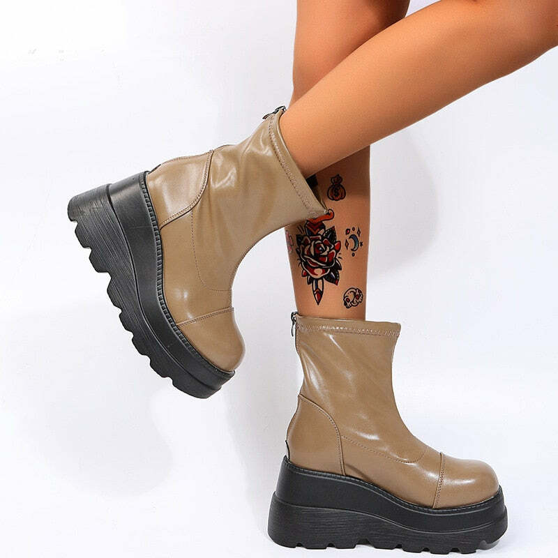Y2K Grunge Platform Ankle Boots Light Brown - Retro 90s Fashion, Summer & Party Outfits