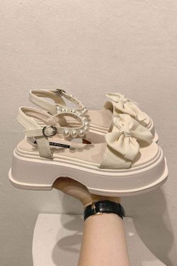 Y2K Grunge Platform Sandals - Boutique Nail Bead Bow Buckle Strap Splicing Beige