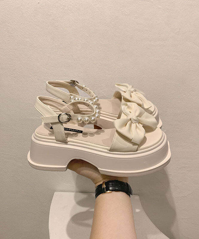 Y2K Grunge Platform Sandals - Boutique Nail Bead Bow Buckle Strap Splicing Beige