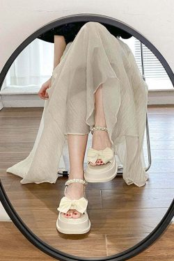 Y2K Grunge Platform Sandals - Boutique Nail Bead Bow Buckle Strap Splicing Beige