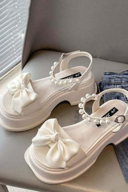 Y2K Grunge Platform Sandals - Boutique Nail Bead Bow Buckle Strap Splicing Beige