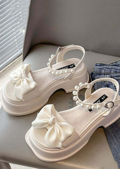 Y2K Grunge Platform Sandals - Boutique Nail Bead Bow Buckle Strap Splicing Beige