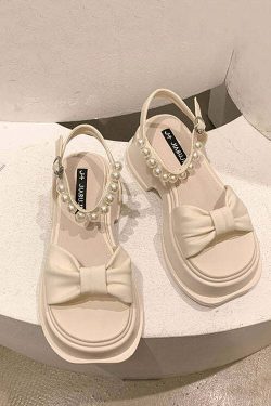 Y2K Grunge Platform Sandals - Boutique Nail Bead Bow Buckle Strap Splicing Beige