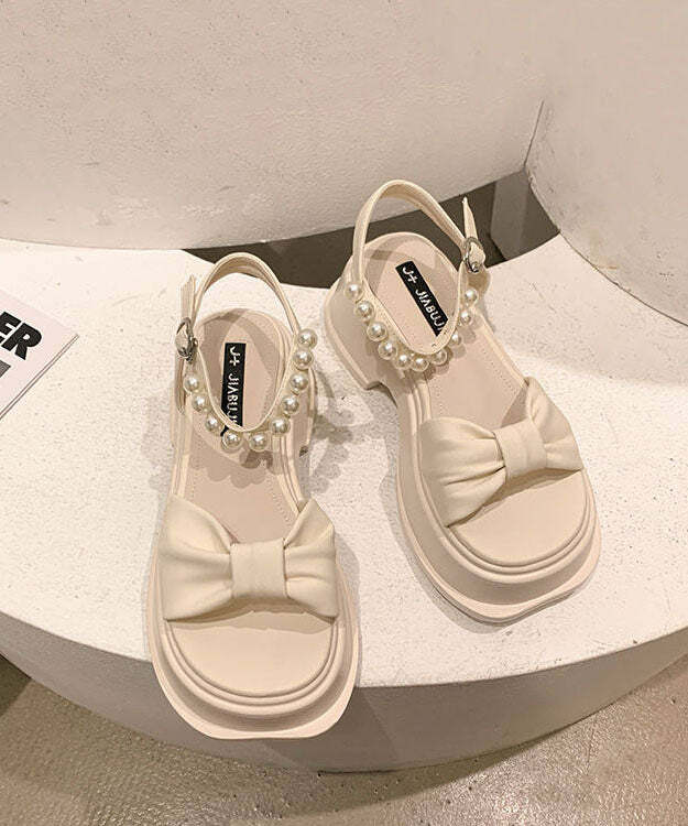 Y2K Grunge Platform Sandals - Boutique Nail Bead Bow Buckle Strap Splicing Beige