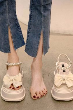 Y2K Grunge Platform Sandals - Boutique Nail Bead Bow Buckle Strap Splicing Beige
