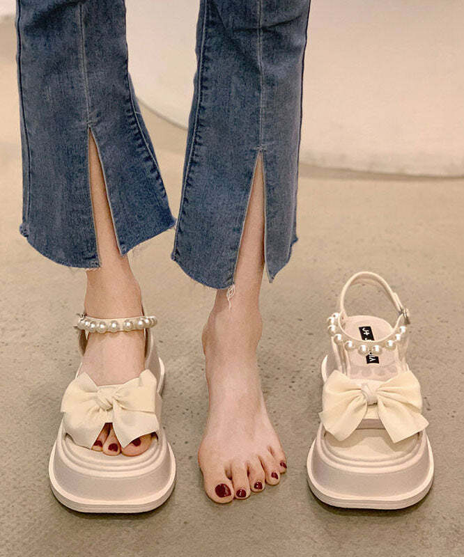 Y2K Grunge Platform Sandals - Boutique Nail Bead Bow Buckle Strap Splicing Beige