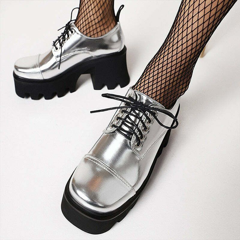 Y2K Grunge Platform Shoes Silver - Retro 90s Aesthetic, Summer Party, Hip Hop Fashion