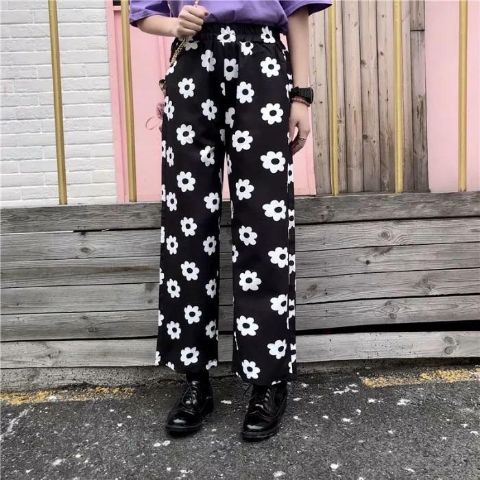 Y2K Grunge Polka Flower Pants - Retro 90s Summer Outfit, Y2K Fashion, Pastel Goth Style