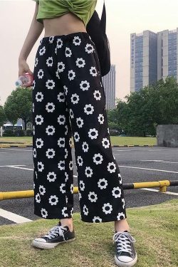Y2K Grunge Polka Flower Pants - Retro 90s Summer Outfit, Y2K Fashion, Pastel Goth Style