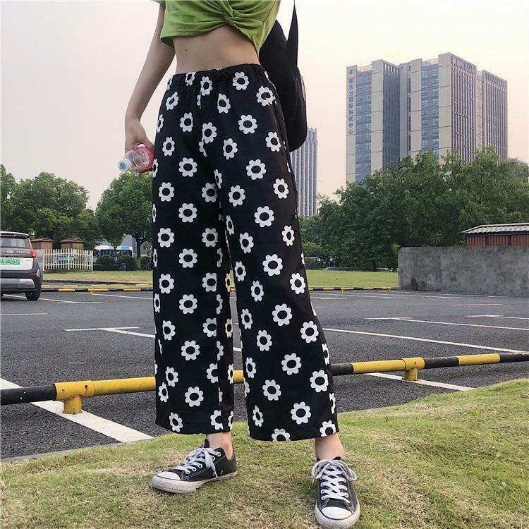 Y2K Grunge Polka Flower Pants - Retro 90s Summer Outfit, Y2K Fashion, Pastel Goth Style