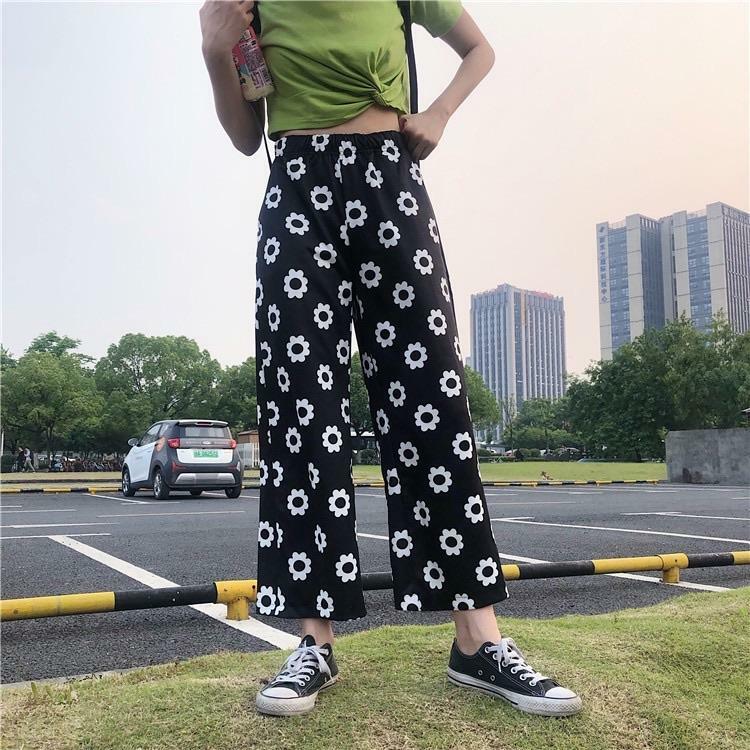 Y2K Grunge Polka Flower Pants - Retro 90s Summer Outfit, Y2K Fashion, Pastel Goth Style