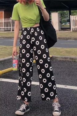 Y2K Grunge Polka Flower Pants - Retro 90s Summer Outfit, Y2K Fashion, Pastel Goth Style