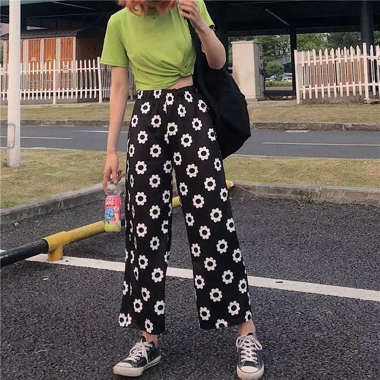 Y2K Grunge Polka Flower Pants - Retro 90s Summer Outfit, Y2K Fashion, Pastel Goth Style