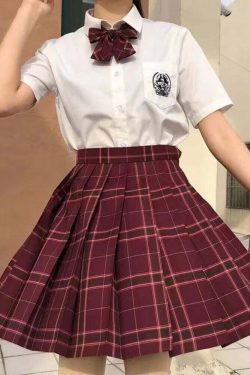 Y2K Grunge Preppy Pleated Plaid Skirt with Bow - Burgundy Retro 90s Summer Outfit