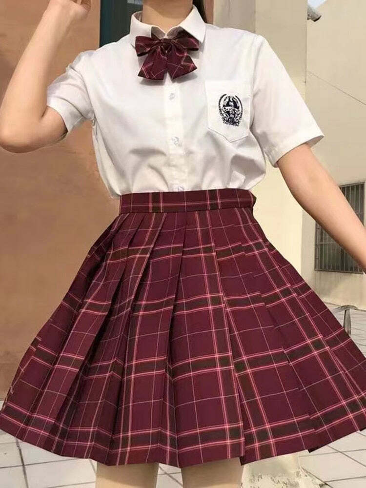 Y2K Grunge Preppy Pleated Plaid Skirt with Bow - Burgundy Retro 90s Summer Outfit