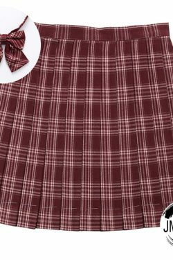 Y2K Grunge Preppy Pleated Plaid Skirt with Bow - Dark Red Retro 90s Summer Outfit