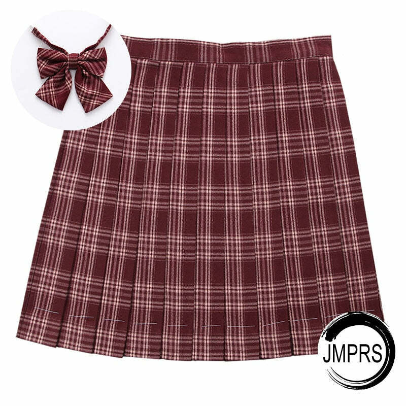 Y2K Grunge Preppy Pleated Plaid Skirt with Bow - Dark Red Retro 90s Summer Outfit