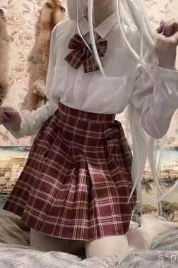 Y2K Grunge Preppy Pleated Plaid Skirt with Bow - Dark Red Retro 90s Summer Outfit