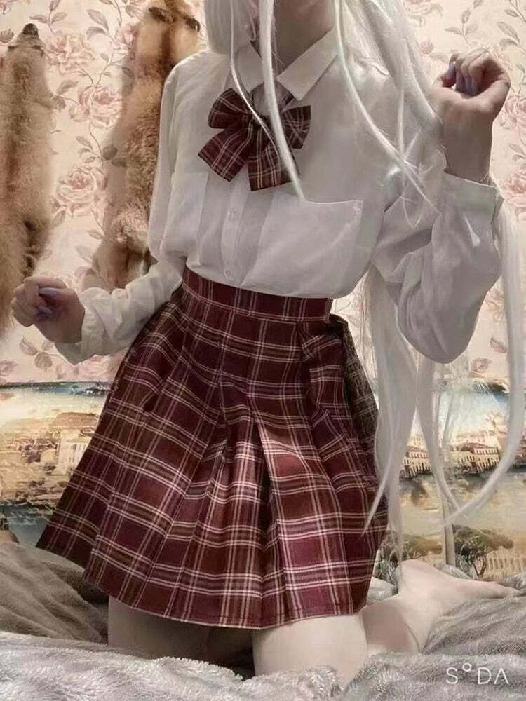 Y2K Grunge Preppy Pleated Plaid Skirt with Bow - Dark Red Retro 90s Summer Outfit