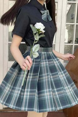 Y2K Grunge Preppy Pleated Plaid Skirt with Bow - Navy Green Retro 90s Summer Outfit