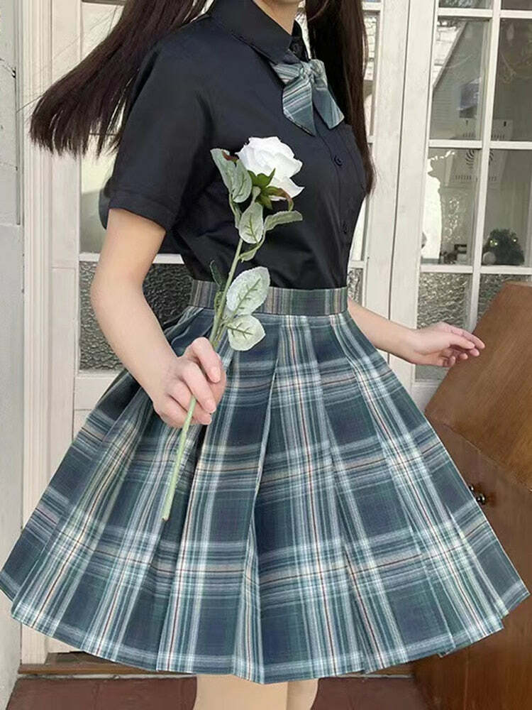 Y2K Grunge Preppy Pleated Plaid Skirt with Bow - Navy Green Retro 90s Summer Outfit